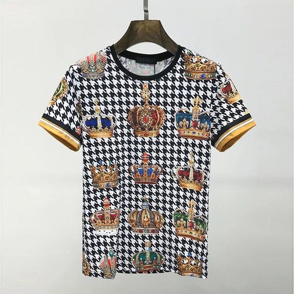 

men's t-shirts 100% cotton plaid crown short-sleeved summer luxury 3dt shirt fashionable young original brand, White;black