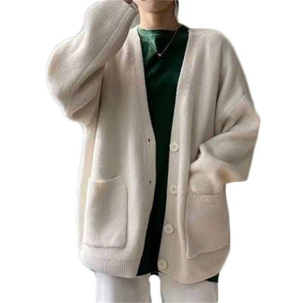 

women's knits & tees sweater women 2021 spring and autumn korean version of loose lazy style solid v-neck knitted cardigan outerwear t4, White