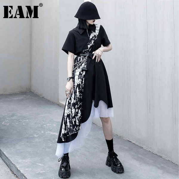 

[eam] women black spliced print ruffles mesh irregular dress lapel short sleeve loose fit fashion spring summer 1dd7559 21512, Black;gray