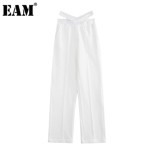 

[eam] black casual hollow out high elastic waist trousers loose fit full length pants women fashion spring summer 21512, Black;white