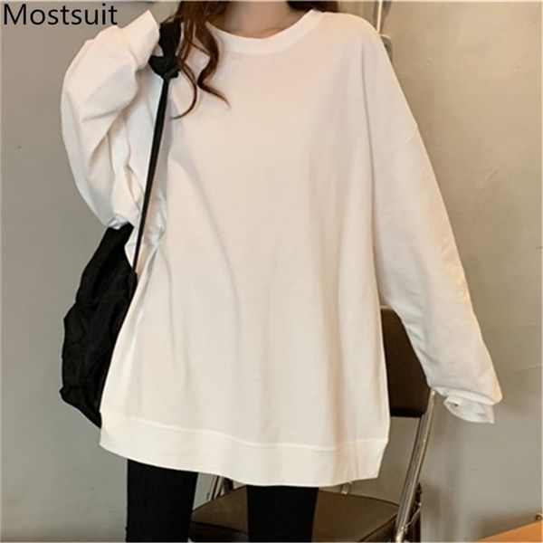 

korean loose solid women t shirt tees full sleeve o-neck long basic casual fashion female t-shirts femme 210513, White