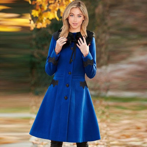 

women's wool & blends autumn and winter woolen cardigan jacket with detachable black fur collar single breasted mid length lace
