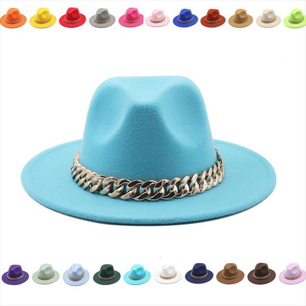

Free Golden Chain Fedora Hat Women Wide Brim Solid Color Jazz Top Autumn And Winter Panama, Blue;gray
