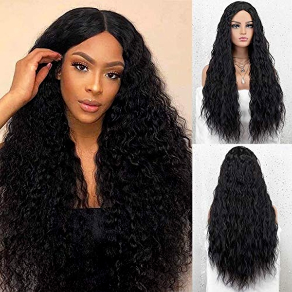 

synthetic curly wigs for women long wavy wig with middle parting heat friendly 22 inches machine made daily usefactory direct, Black