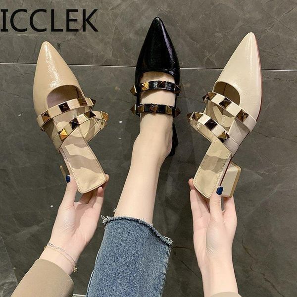 

bailamos 2021 new brand women flat slippers fashion rivet close toe mule shoes slip on casual loafers outdoor slides flip flops, Black