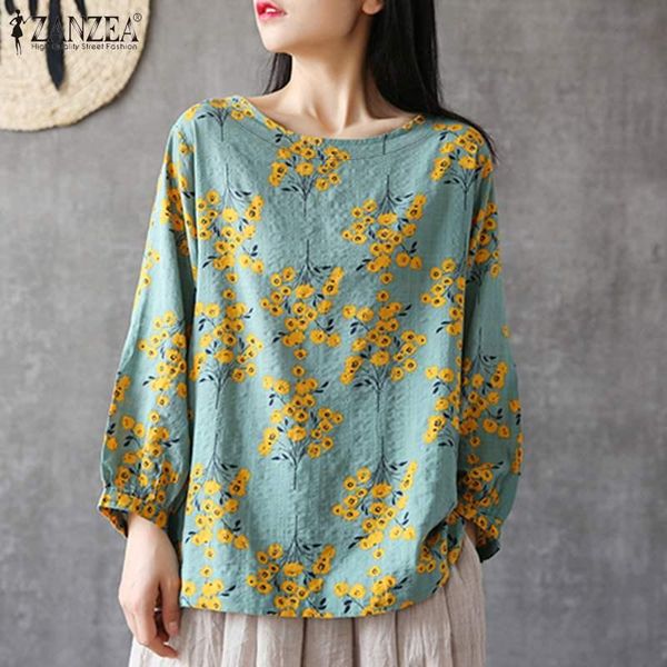 

women's blouses & shirts 5xl zanzea women summer blouse vintage floral printed shirt casual o neck long sleeve tunic femme robe blusas, White