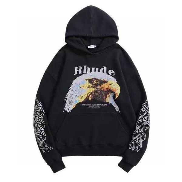 

men's hoodies exactly right details - rhude black vintage wash eagle fall winter loose hoodie