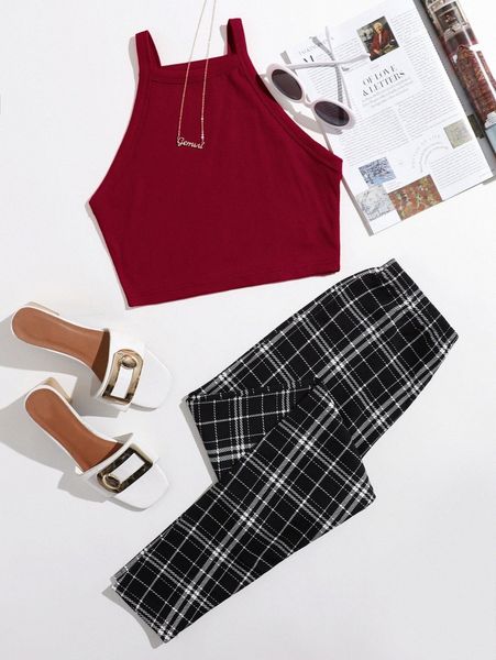 

solid crop halter & plaid leggings set l1qo#, White