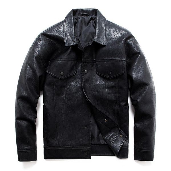 

men's fur & faux casual multi pocket men pu leather jacket coat trend single breasted motorcycle male loose outerwear, Black
