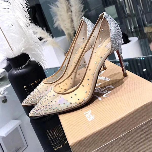

dress shoes 2021 summer classic women unique fashion red bottom high heel breathable mesh pointy rhinestone diamond wedding, Black