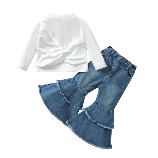 

girls outfits kids clothing sets baby clothes children suits autumn winter long sleeve denim flared pants 2pcs b8482, White