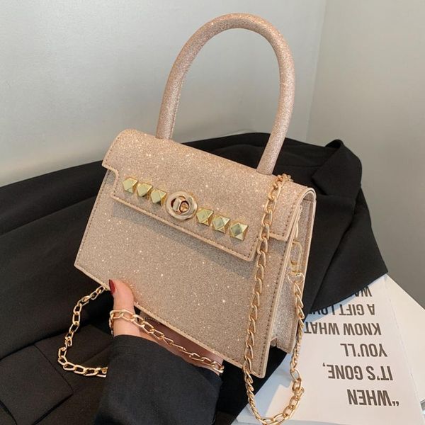 

evening bags ladies all-match chain messenger bag 2021 sequin buckle female net red rivet portable small square