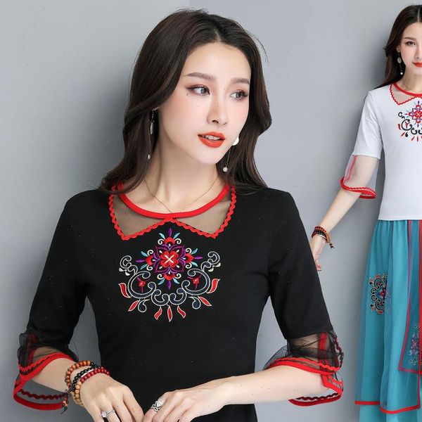 

plus size embroidered white women shirt casual cotton loose ethnic vintage clothes
