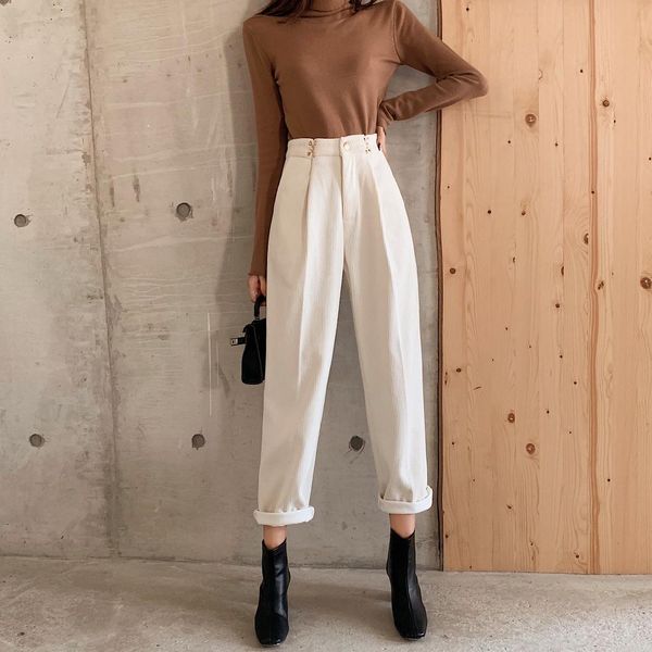

women's harem pants spring corduroy high waist casual vintage slim trousers female 210514, Black;white