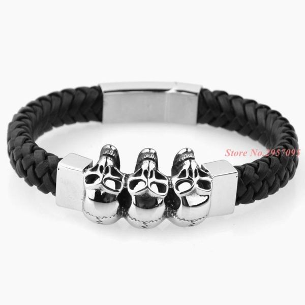 

link, chain genuine leather skeleton skull stainless steel bracelets & bangles rock jewelry fashion men's bracelet, Black