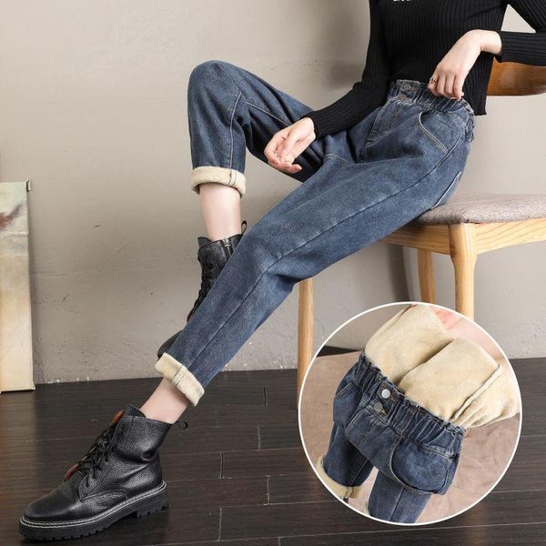 

women's jeans thickened 2021 autumn winter wide leg pants women loose thin versatile harlan high waist plush, Blue