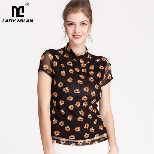 

100% silk women's runway shirts o neck short sleeves knitted fashion printed blouse t shirt blouses &, White