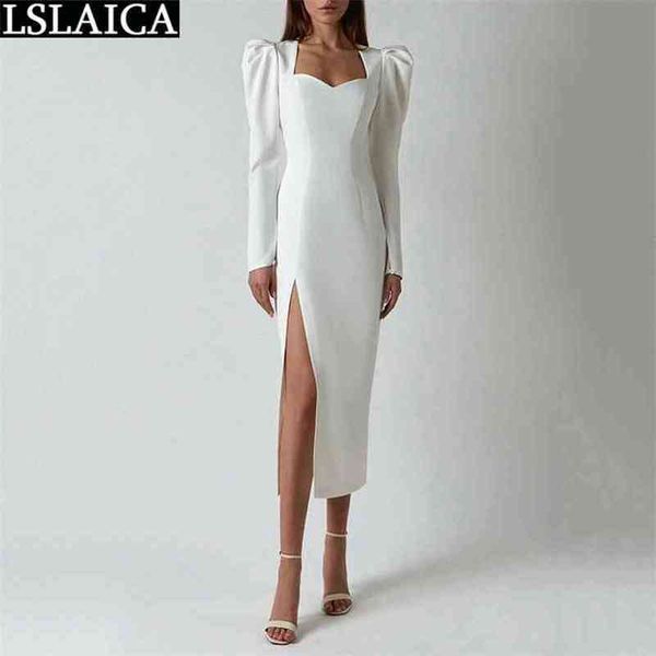 

woman dress fashion puff sleeve solid thigh slit midi square collar skirt dresses for women skinny party vestido de mujer 210515, Black;gray