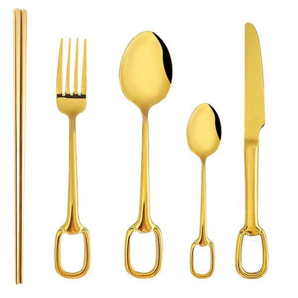 

dinnerware sets 5pcs brand logo golden stainless steel spoons with holes gold cutlery spoon a hole handle dining tableware