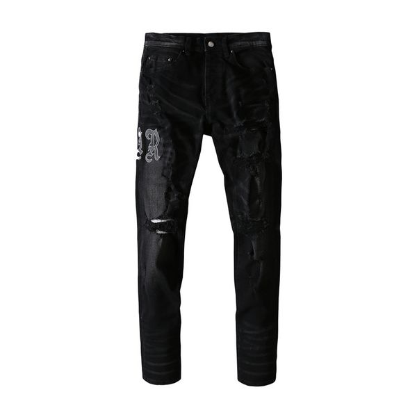 

mens jeans black letters pasted with leather holes, damaged thin in europe and america, Blue