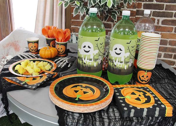 

halloween pumpkin banner decoration paper cup paper plate knife fork spoon tableware set party
