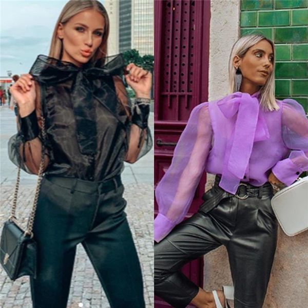 

elegant spring bow tie chiffon women blouses work ruffles casual long sleeve loose ol, White