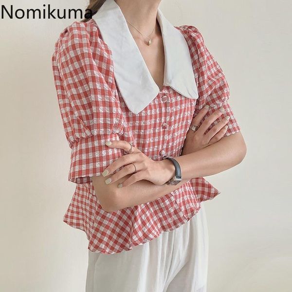 

women's blouses & shirts nomikuma puff sleeve plaid blouse women turn down collar slim waist single breasted vintage casual blusas 3b7, White