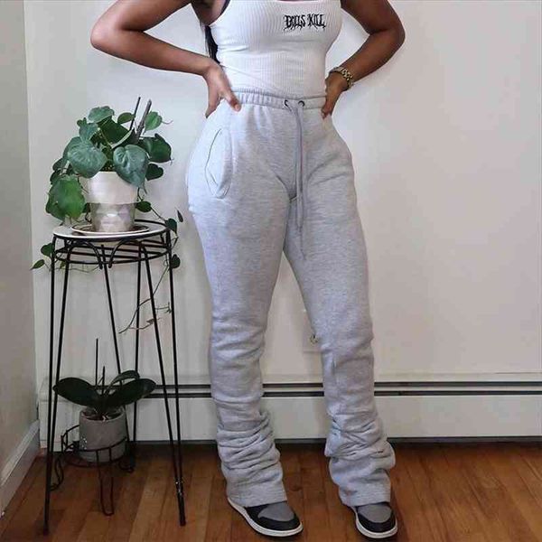 

autumn winter warm solid womens legging color stacked sweatpants joggers trousers flare pleated pants, Black