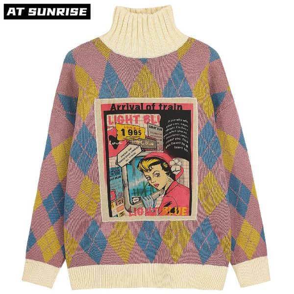 

men's sweaters knitted harajuku men oversized argyle long sleeve cartoon appliques pullovers casual fashion streetwear turtleneck, White;black