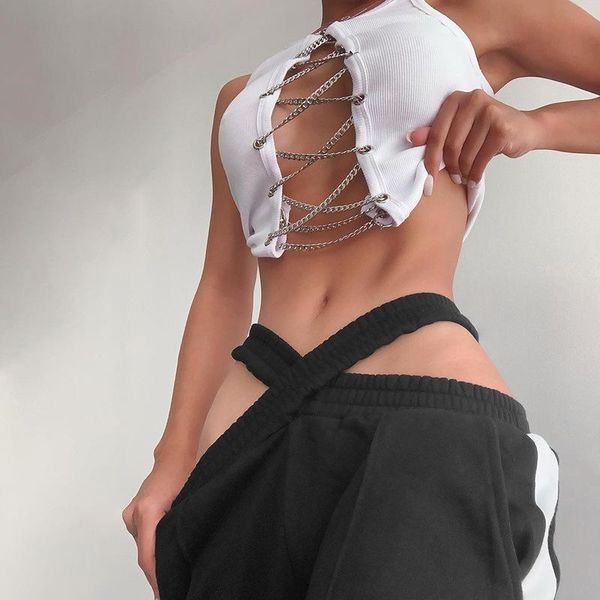 

women's t-shirt chain cross tee sleeveless women summer off shoulder tied beach crop lady white zippers sports t-shirts g2758