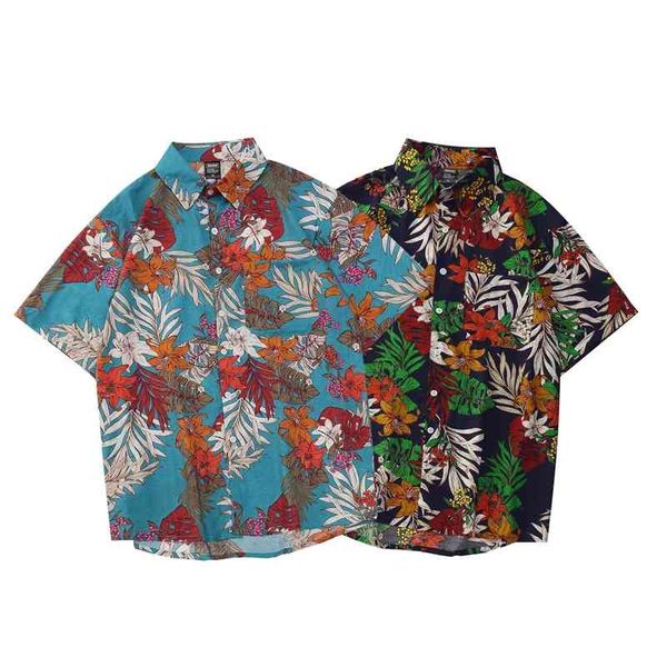 

flower hong kong style korean fashion classic broken flower ruffian handsome couple beach holiday men's shirt, White;black