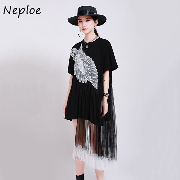 Neploe Kadınlar Elbiseler Yaz Yeni Moda Patchwork Mesh İplik Gevşek Vestidos Melek Kanatları Desen Düzensiz Elbise 82224 210423