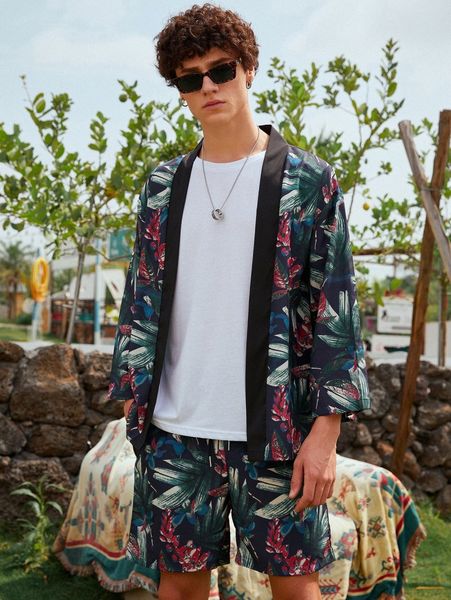 

men plants print kimono & shorts j328#, Gray