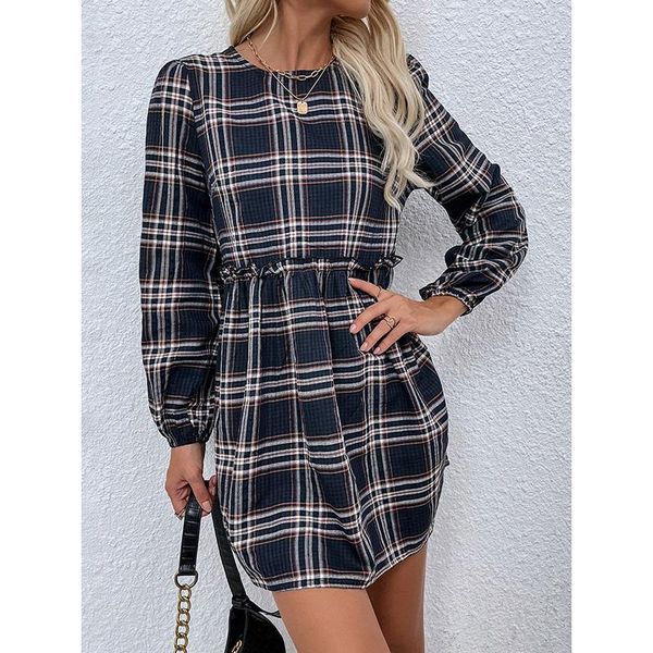 

casual dresses mini dress women plaid print 2021 loose full sleeve slim high waist pleated o-neck spring autumn vestido harajuku sj8576r, Black;gray