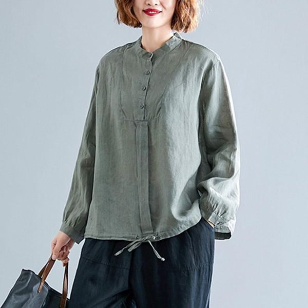 

oversized women casual blouses shirts 2021 autumn simple style vintage stand collar loose female cotton linen s2490 women's, White