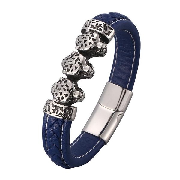 

charm bracelets blue leather hand chian bracelet bangles male leopard head stainless steel magnetic buckle men wristband punk jewelry sp0848, Golden;silver