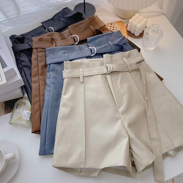 

women's shorts guuzyuviz elegant short pants female casual loose with belt pu leather women high waist plus size brown booty femi, White;black
