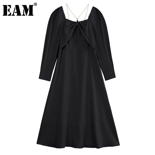 [EAM] Черный лук жемчужина цепи спинки женщины платье квадрат с длинным рукавом свободные подходит мода весна осенью 1dd7892 210512