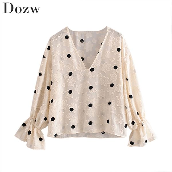 

women v neck elegant polka dot blouse flare long sleeve embroidery casual shirts see through ladies stylish blusas mujer 210515, White