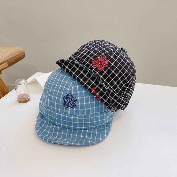 

spring baby cap leisure embroidery lattice short brim baseball thin small korean hat, Blue;gray
