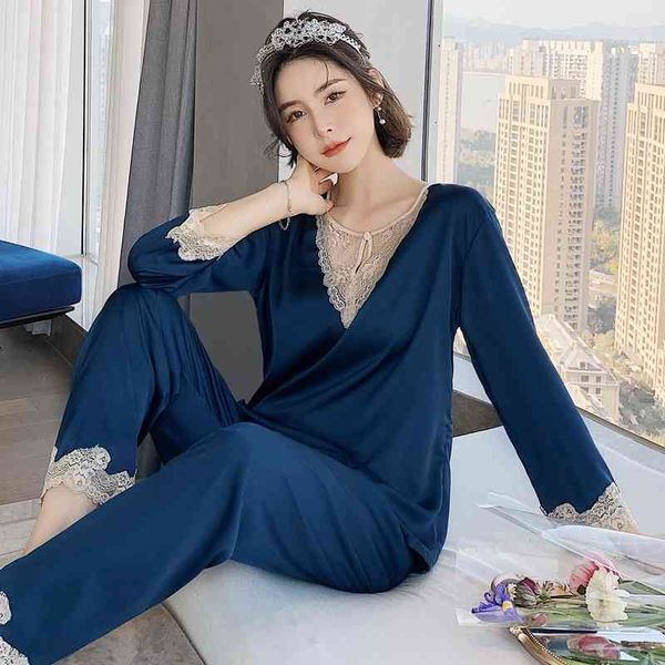 

women's sleepwear full slip lace pajamas female o-neck summer 2pcs sleep set princess style loungewear pyjamas pour femme satin ho, Black;red