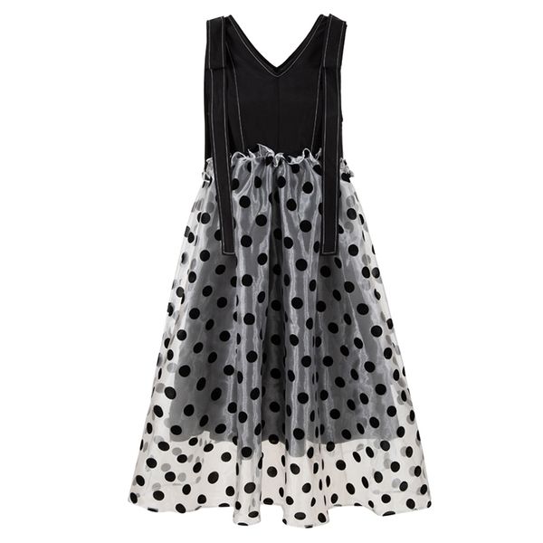 

black polka dot mesh patchwork a line knee length dress sleeveless tank v neck zipper elegant summer d1747 210514, Black;gray