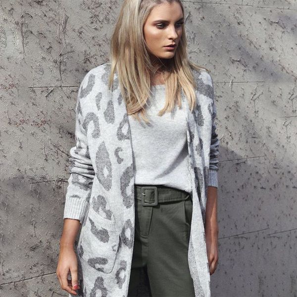

Autumn Women Warm Leopard Print Long Sweaters Cardigan Coat Tops Casual Cotton Open Stitch With Pocket, Black;brown