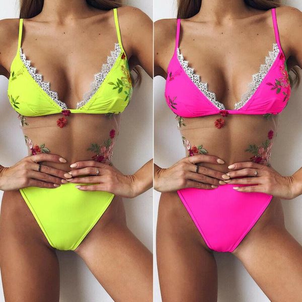 

women one-piece bikini embroidered push-up padded mesh swimwear swimsuit bathing two-piece suits