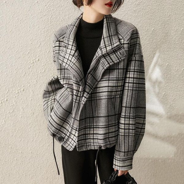 

women's jackets 2021 plaid turn-down collar autumn woolen vintage jacket fashion zipper loose coat streetwear female coats, Black;brown