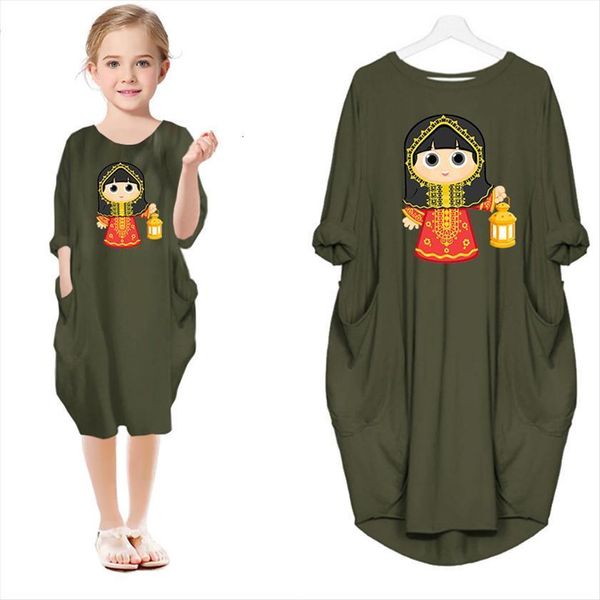 

summer ramadan baby girls cartoon girl dresses leisure mommy and me family matching outfits kids eid mibarak casual clothes, Red;yellow