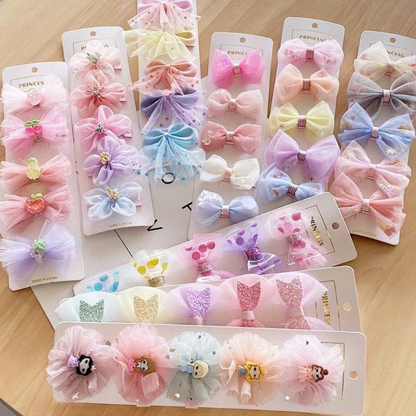 

dropship 5pc/set cute children's bow hair clips set fabric hairpin accessories for girls lovely cartoon flowers headwear, Slivery;white