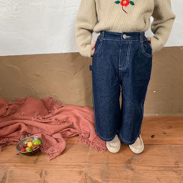 

jeans girls autumn fashion wide leg big pocket loose denim pants 1-6y, Blue