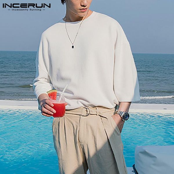 

men's t-shirts incerun men t shirt solid color crew neck half sleeve 2021 loose korean casual cotton tee streetwear camiseta hombre s-, White;black