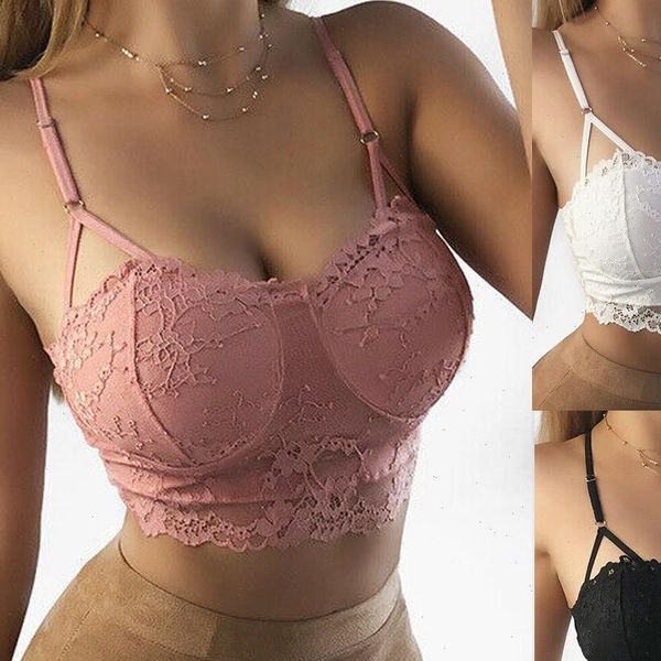 

summer fashion deep womens cami v neck lace floral bralette unpadded crop sleeveless strap, White